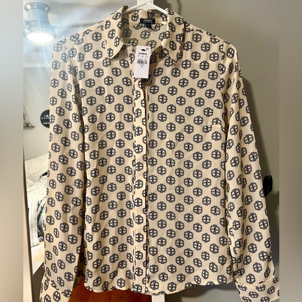 Express Cream and Black Patterned Relaxed Portofino Shirt